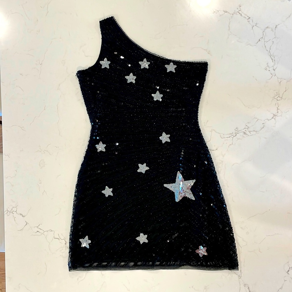 One shoulder black sequin star dress